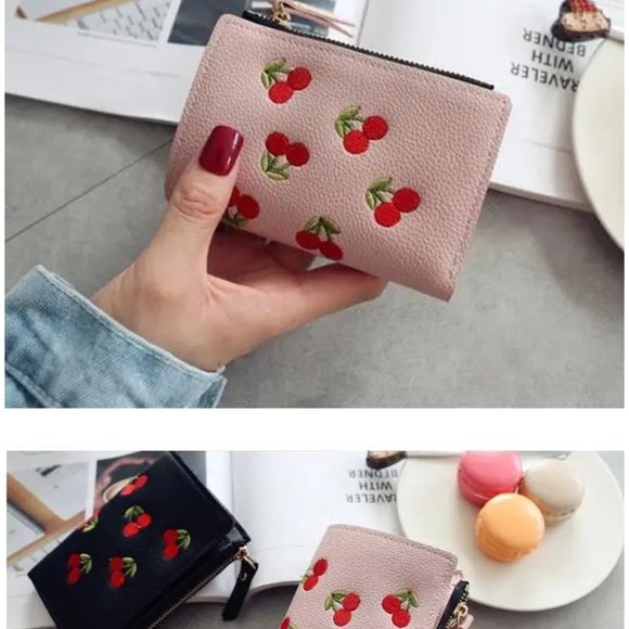 FAUX LEATHER CHERRY BI FOLD MULTI SLOT COIN WALLET PURSE - Picture 4 of 12